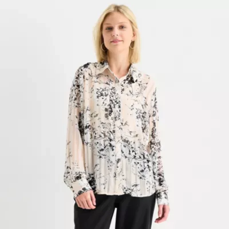 by&by Womens Juniors Drop Shoulder Long Sleeve Regular Fit Button-Down Shirt