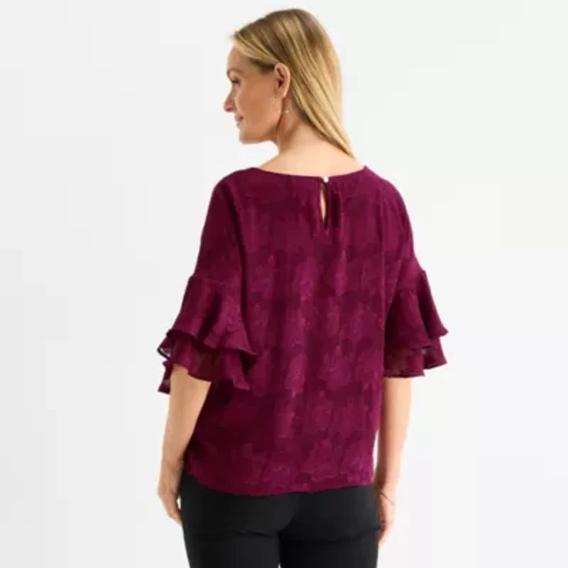 Liz Claiborne Womens Round Neck Short Sleeve Blouse