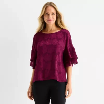 Liz Claiborne Womens Round Neck Short Sleeve Blouse