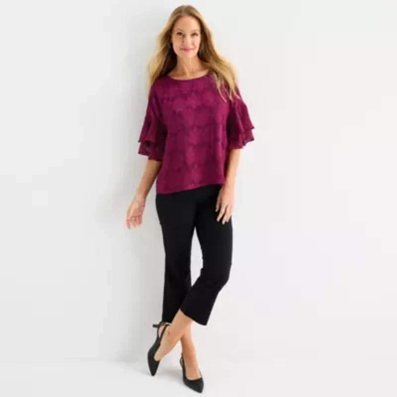 Liz Claiborne Womens Round Neck Short Sleeve Blouse