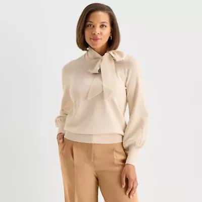 Liz Claiborne Womens Split Tie Neck Long Sleeve Pullover Sweater