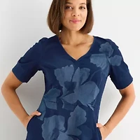 Liz Claiborne Womens Short Sleeve Midi Floral A-Line Dress