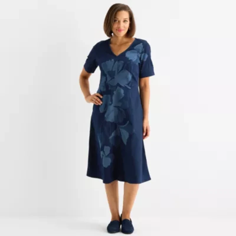 Liz Claiborne Womens Short Sleeve Midi Floral A-Line Dress