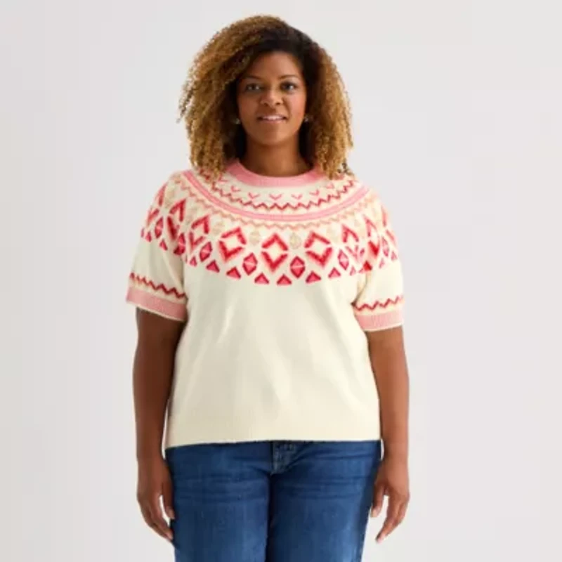 St. John's Bay Plus Womens Crew Neck Short Sleeve Pullover Sweater