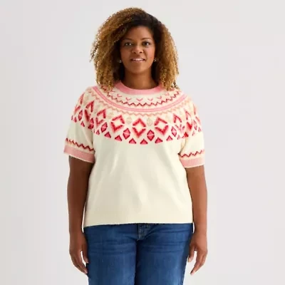 St. John's Bay Plus Womens Crew Neck Short Sleeve Pullover Sweater