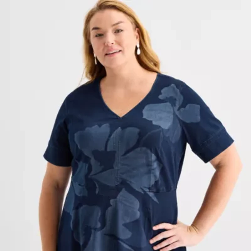 Liz Claiborne Womens Short Sleeve Midi Floral Plus A-Line Dress