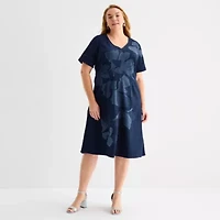 Liz Claiborne Womens Short Sleeve Midi Floral Plus A-Line Dress