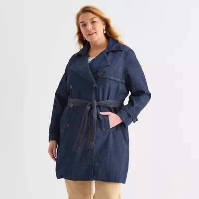 Liz Claiborne Womens Denim Lightweight Plus Trench Coat