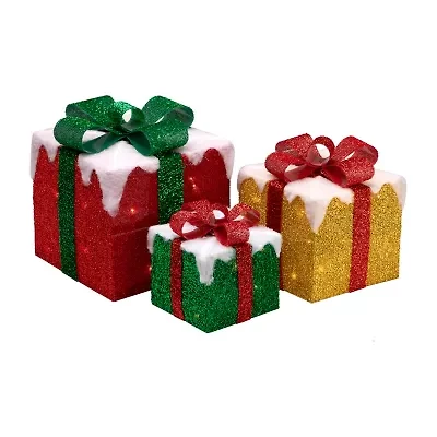 Northlight Set Of 3 Led Lighted Green Gold And Red Snowy Gift Boxes Outdoor Decorations Christmas Yard Art