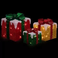 Northlight Set Of 3 Led Lighted Green Gold And Red Snowy Gift Boxes Outdoor Decorations Christmas Yard Art