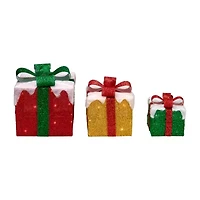 Northlight Set Of 3 Led Lighted Green Gold And Red Snowy Gift Boxes Outdoor Decorations Christmas Yard Art