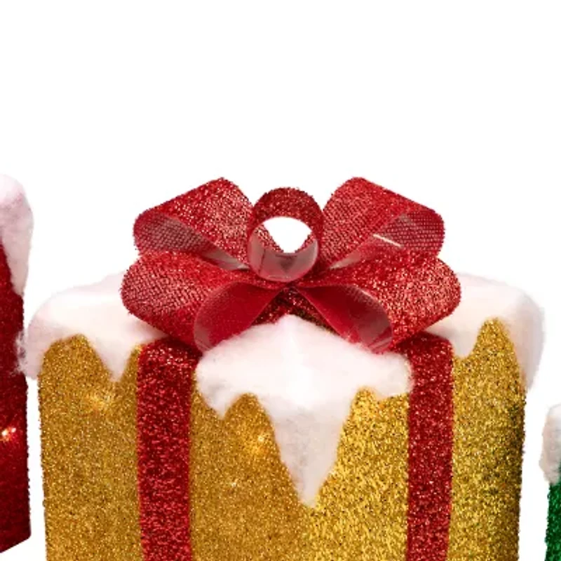 Northlight Set Of 3 Led Lighted Green Gold And Red Snowy Gift Boxes Outdoor Decorations Christmas Yard Art
