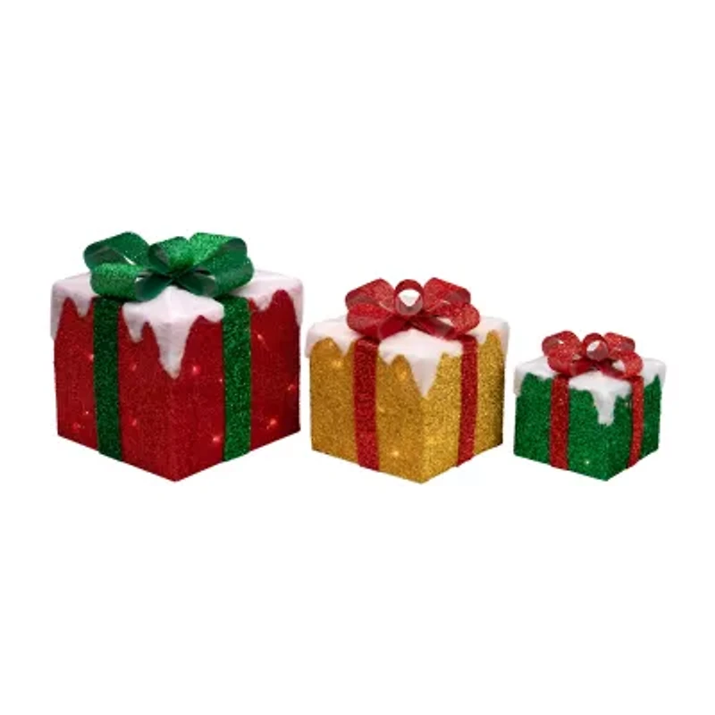 Northlight Set Of 3 Led Lighted Green Gold And Red Snowy Gift Boxes Outdoor Decorations Christmas Yard Art
