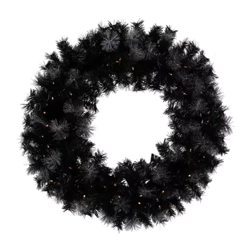 36'' Battery Operated Black Bristle Artificial Christmas Wreath  Warm White LED Lights