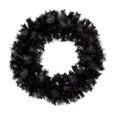 36'' Battery Operated Black Bristle Artificial Christmas Wreath  Warm White LED Lights