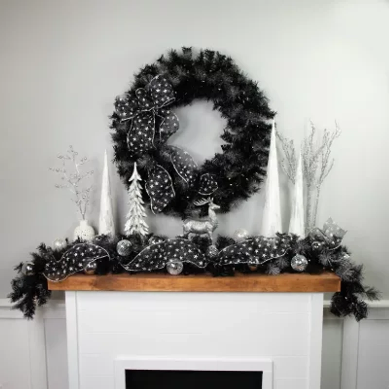 36'' Battery Operated Black Bristle Artificial Christmas Wreath  Warm White LED Lights