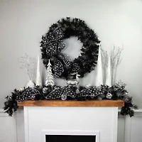 36'' Battery Operated Black Bristle Artificial Christmas Wreath  Warm White LED Lights
