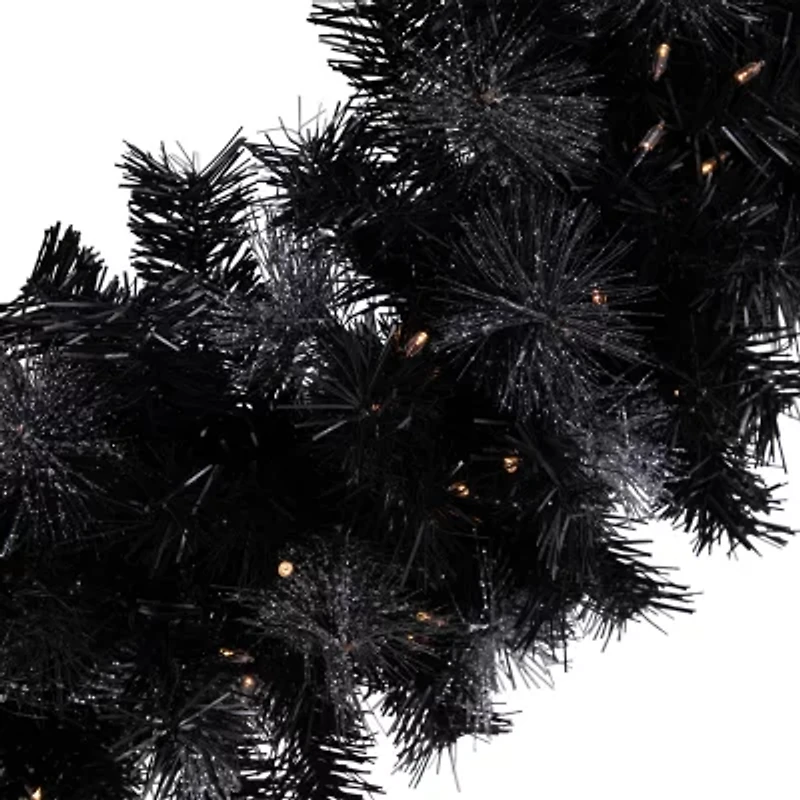 36'' Battery Operated Black Bristle Artificial Christmas Wreath  Warm White LED Lights