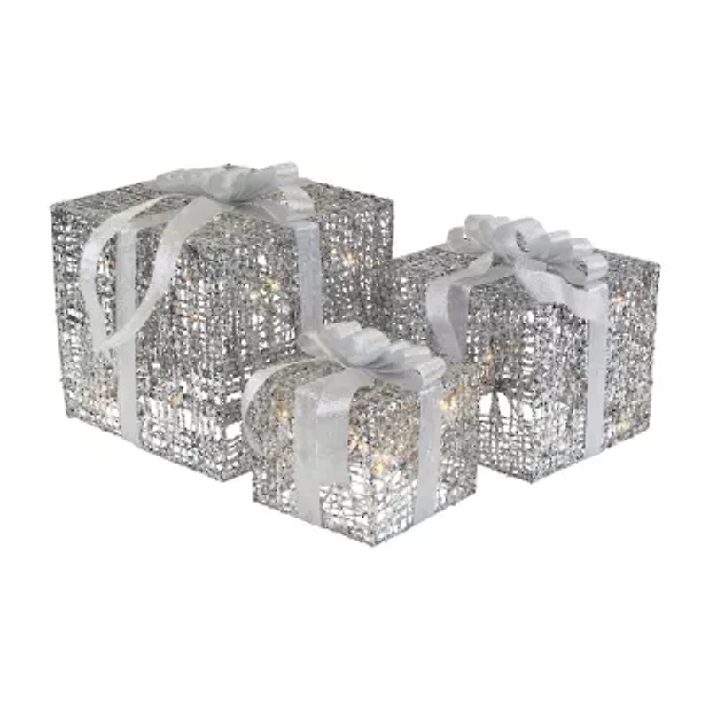 Northlight Set Of 3 Led Lighted Silver Glitter Threaded Gift Boxes Outdoor Decoration Christmas Yard Art