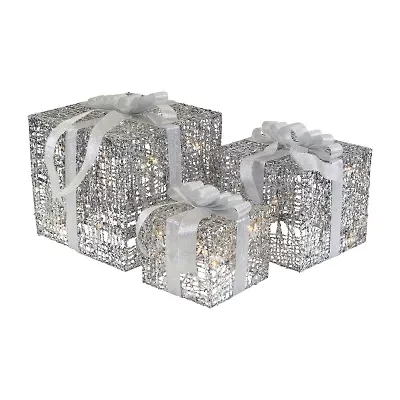 Northlight Set Of 3 Led Lighted Silver Glitter Threaded Gift Boxes Outdoor Decoration Christmas Yard Art