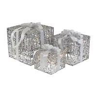 Northlight Set Of 3 Led Lighted Silver Glitter Threaded Gift Boxes Outdoor Decoration Christmas Yard Art