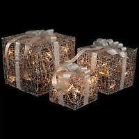 Northlight Set Of 3 Led Lighted Silver Glitter Threaded Gift Boxes Outdoor Decoration Christmas Yard Art
