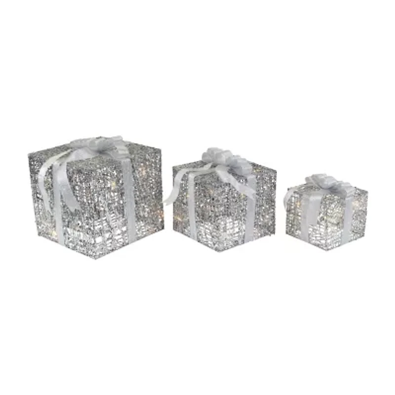 Northlight Set Of 3 Led Lighted Silver Glitter Threaded Gift Boxes Outdoor Decoration Christmas Yard Art