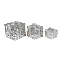 Northlight Set Of 3 Led Lighted Silver Glitter Threaded Gift Boxes Outdoor Decoration Christmas Yard Art