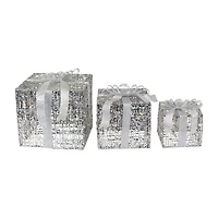 Northlight Set Of 3 Led Lighted Silver Glitter Threaded Gift Boxes Outdoor Decoration Christmas Yard Art