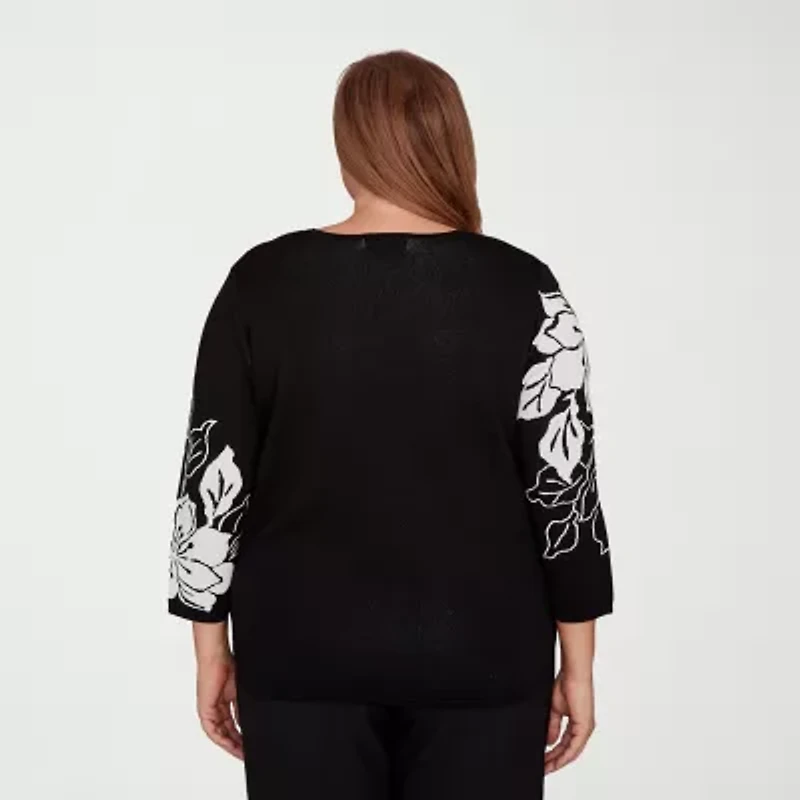 Alfred Dunner Plus Business As Usual Womens Crew Neck Embellished 3/4 Sleeve Floral Pullover Sweater