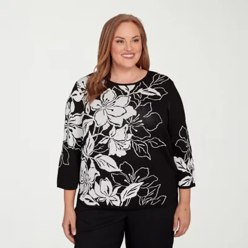 Alfred Dunner Plus Business As Usual Womens Crew Neck Embellished 3/4 Sleeve Floral Pullover Sweater