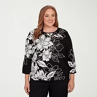 Alfred Dunner Plus Business As Usual Womens Crew Neck Embellished 3/4 Sleeve Floral Pullover Sweater
