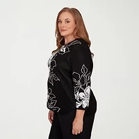 Alfred Dunner Plus Business As Usual Womens Crew Neck Embellished 3/4 Sleeve Floral Pullover Sweater