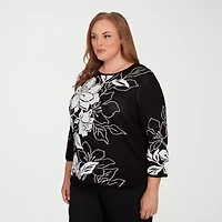 Alfred Dunner Plus Business As Usual Womens Crew Neck Embellished 3/4 Sleeve Floral Pullover Sweater