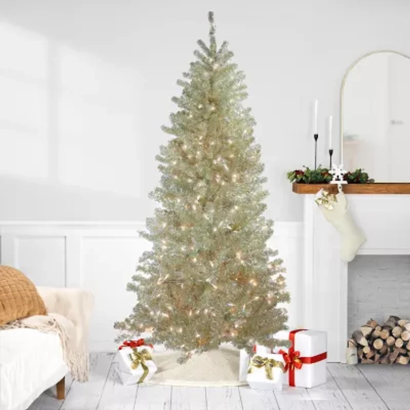 Northlight Metallic Platinum Tinsel 7 Foot Pre-Lit Christmas Tree