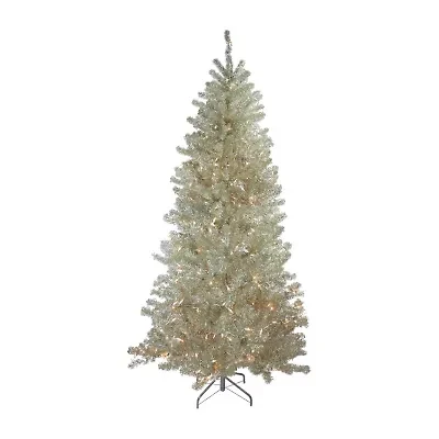 Northlight Metallic Platinum Tinsel 7 Foot Pre-Lit Christmas Tree