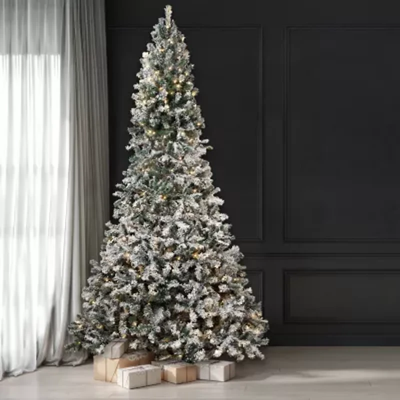 Northlight Slim Flocked Pine 9 Foot Pre-Lit Pine Christmas Tree