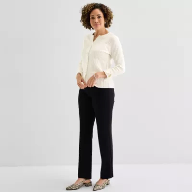 Liz Claiborne Petite Womens Split Crew Neck Long Sleeve Pullover Sweater