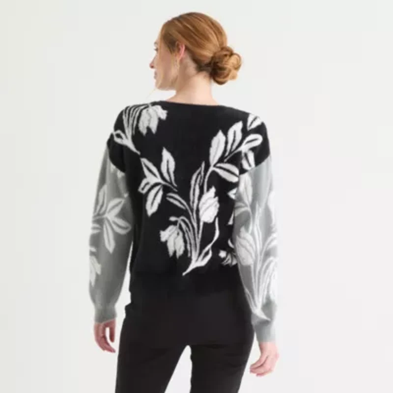 Liz Claiborne Petite Womens Crew Neck Embellished Long Sleeve Floral Pullover Sweater