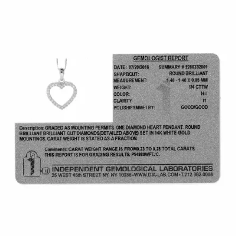 Womens 1/4 CT. T.W. Natural White Diamond 14K Gold Heart 18 Inch Pendant Necklace
