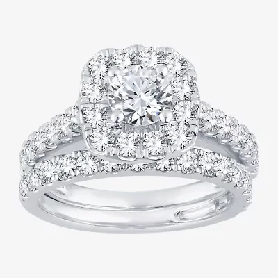 (H-I / Si1-Si2) Womens 2 CT. T.W. Lab Grown White Diamond 10K or 14K Gold Cushion Side Stone Halo Bridal Set