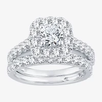 (H-I / Si1-Si2) Womens 2 CT. T.W. Lab Grown White Diamond 10K or 14K Gold Cushion Side Stone Halo Bridal Set