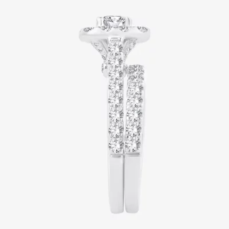 (H-I / Si1-Si2) Womens 2 CT. T.W. Lab Grown White Diamond 10K or 14K Gold Cushion Side Stone Halo Bridal Set