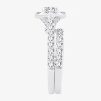 (H-I / Si1-Si2) Womens 2 CT. T.W. Lab Grown White Diamond 10K or 14K Gold Cushion Side Stone Halo Bridal Set