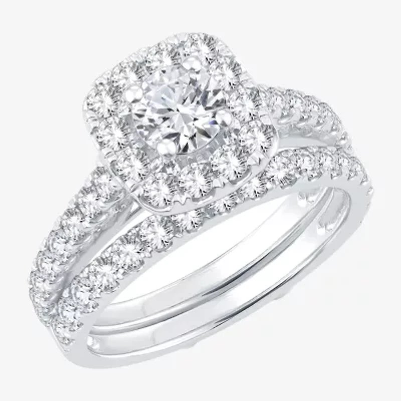 (H-I / Si1-Si2) Womens 2 CT. T.W. Lab Grown White Diamond 10K or 14K Gold Cushion Side Stone Halo Bridal Set