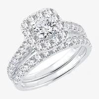 (H-I / Si1-Si2) Womens 2 CT. T.W. Lab Grown White Diamond 10K or 14K Gold Cushion Side Stone Halo Bridal Set