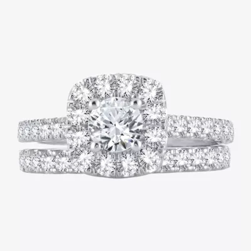 (H-I / Si1-Si2) Womens 2 CT. T.W. Lab Grown White Diamond 10K or 14K Gold Cushion Side Stone Halo Bridal Set