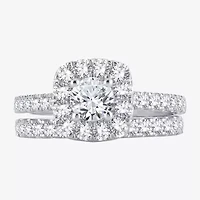 (H-I / Si1-Si2) Womens 2 CT. T.W. Lab Grown White Diamond 10K or 14K Gold Cushion Side Stone Halo Bridal Set