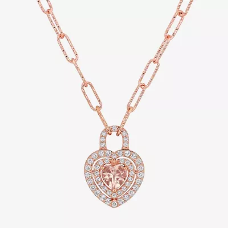 Womens Genuine Pink Morganite 18K Rose Gold Over Silver Heart Paperclip 17 Inch Pendant Necklace