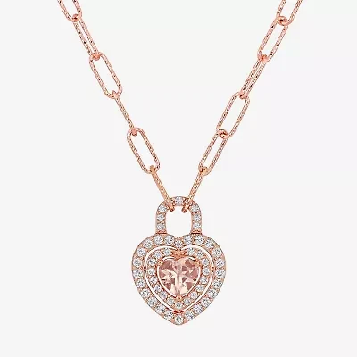 Womens Genuine Pink Morganite 18K Rose Gold Over Silver Heart Paperclip 17 Inch Pendant Necklace